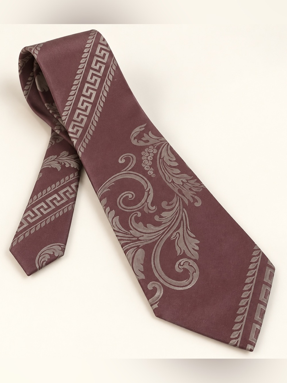 Vintage Versace Silk Tie Burgundy Taupe Baroque Greek Key 57" Made in Italy